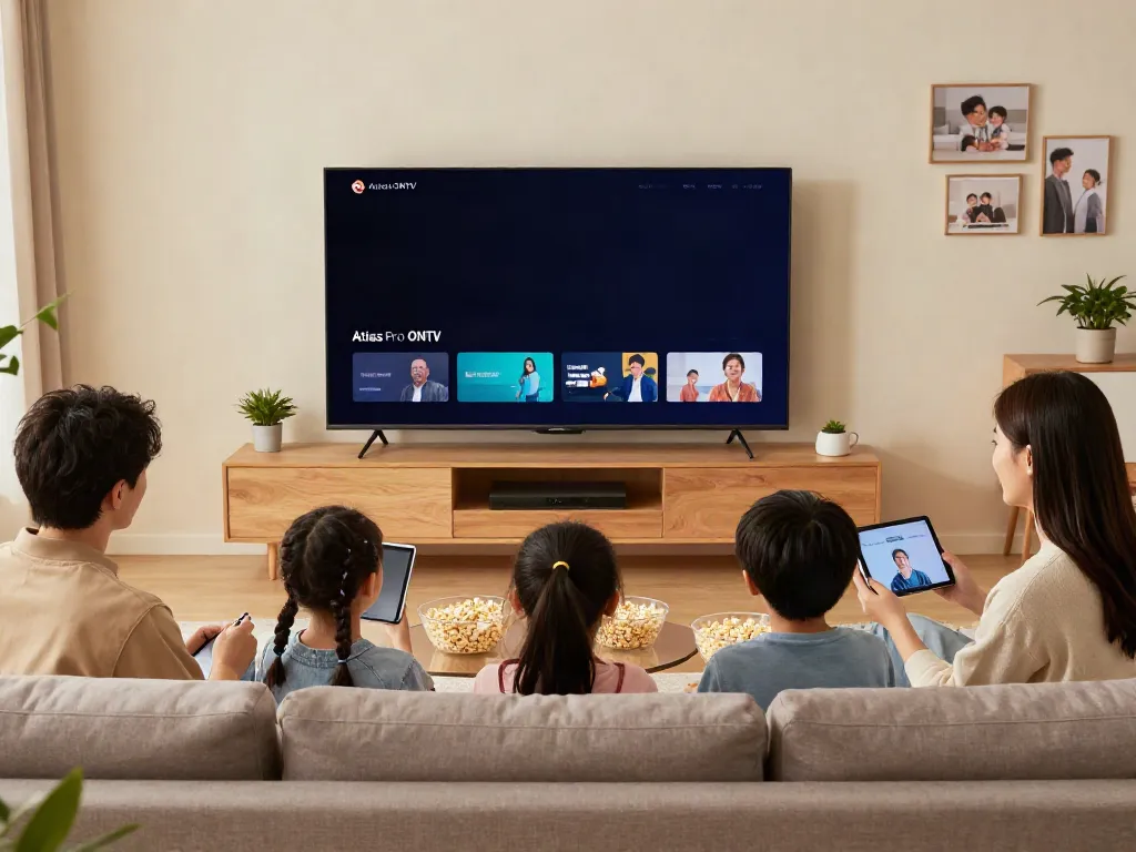Famille profitant de l'application Atlas Pro ONTV sur un grand écran TV dans un salon moderne.