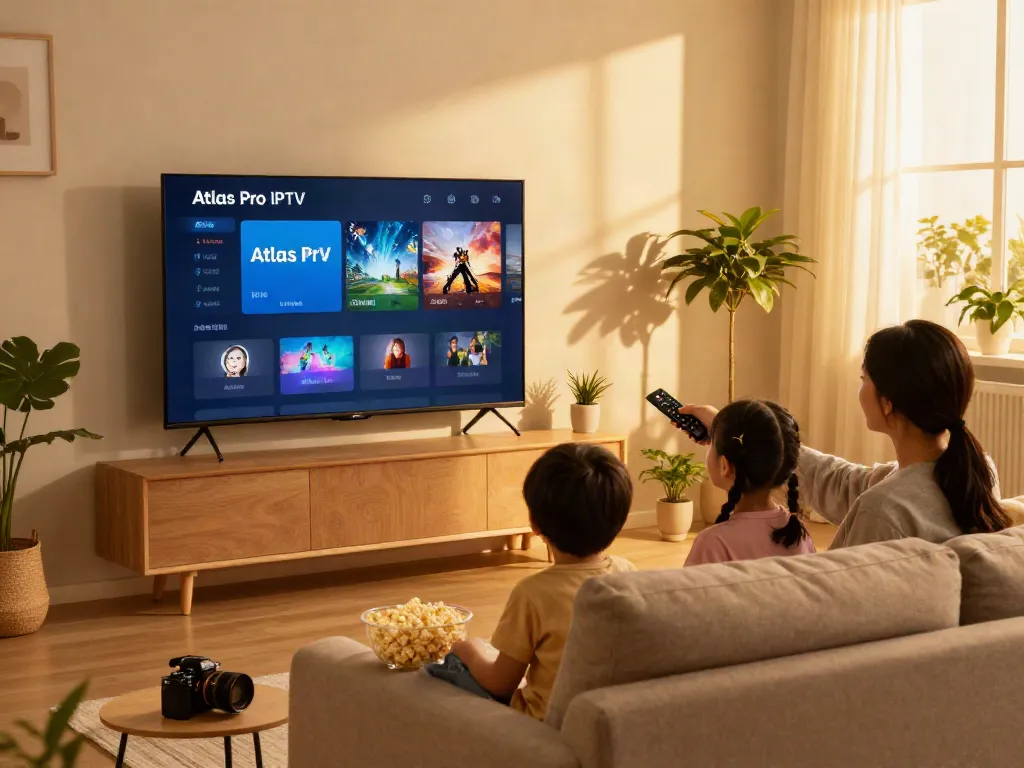 Famille utilisant atlas pro iptv pour une soirée cinéma dans un salon confortable avec une ambiance chaleureuse.