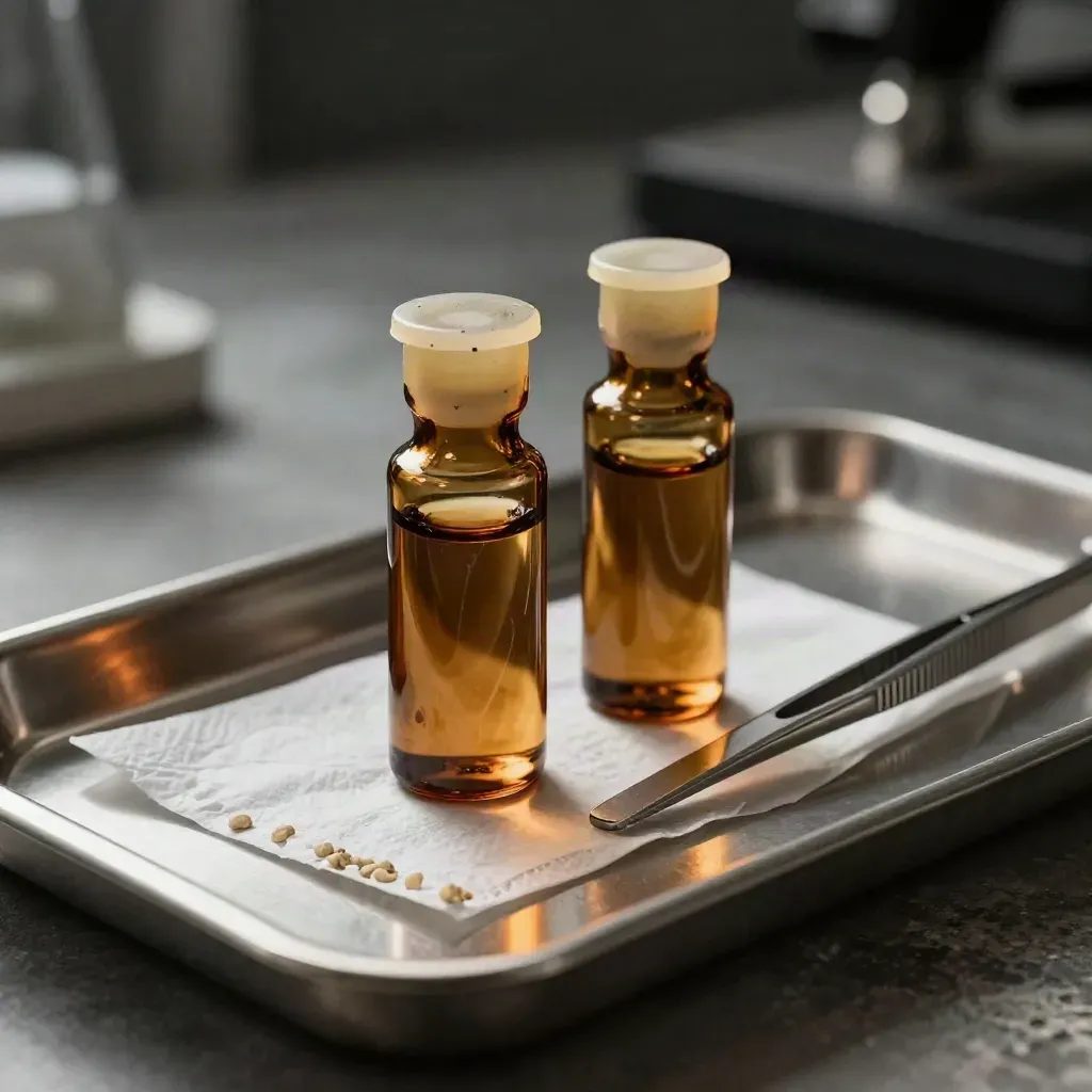 Deux flacons ambrés sur plateau inox avec pince fine, posés sur pierre claire dans une brume douce.