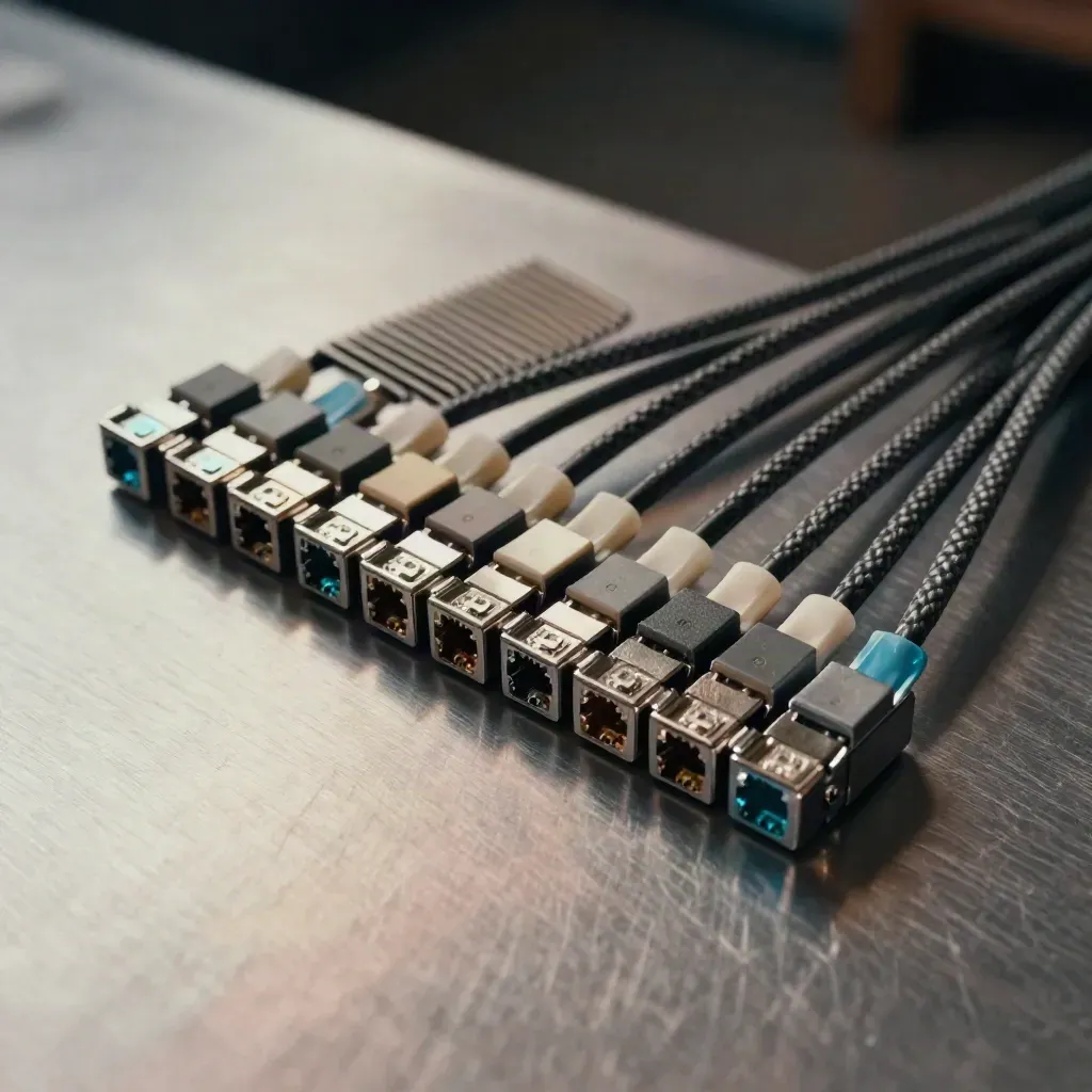 Vue du dessus d’un peigne de câbles, d’un module Ethernet et de clips métalliques sur acier brossé.